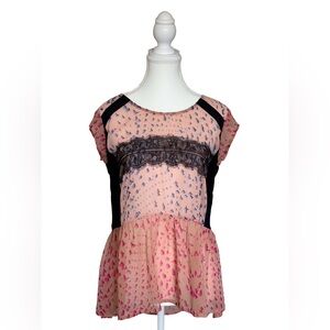 Maeve Anthropologie Lace Detail Printed Peplum Blouse Size M
